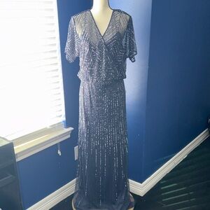 Adrianna Papell V-Neck Navy Blue & Silver Beaded Gown – Size 10 – EUC